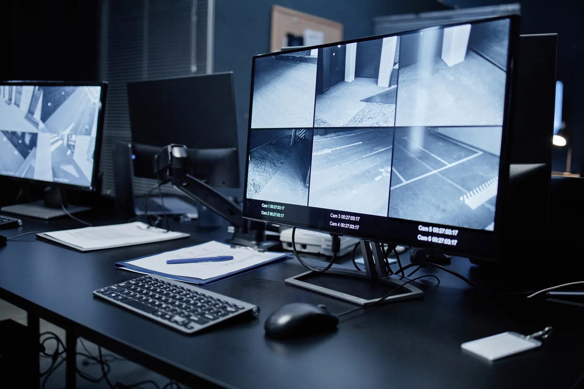 A monitoring operator overseeing a wall of live security camera feeds in a modern surveillance control room
