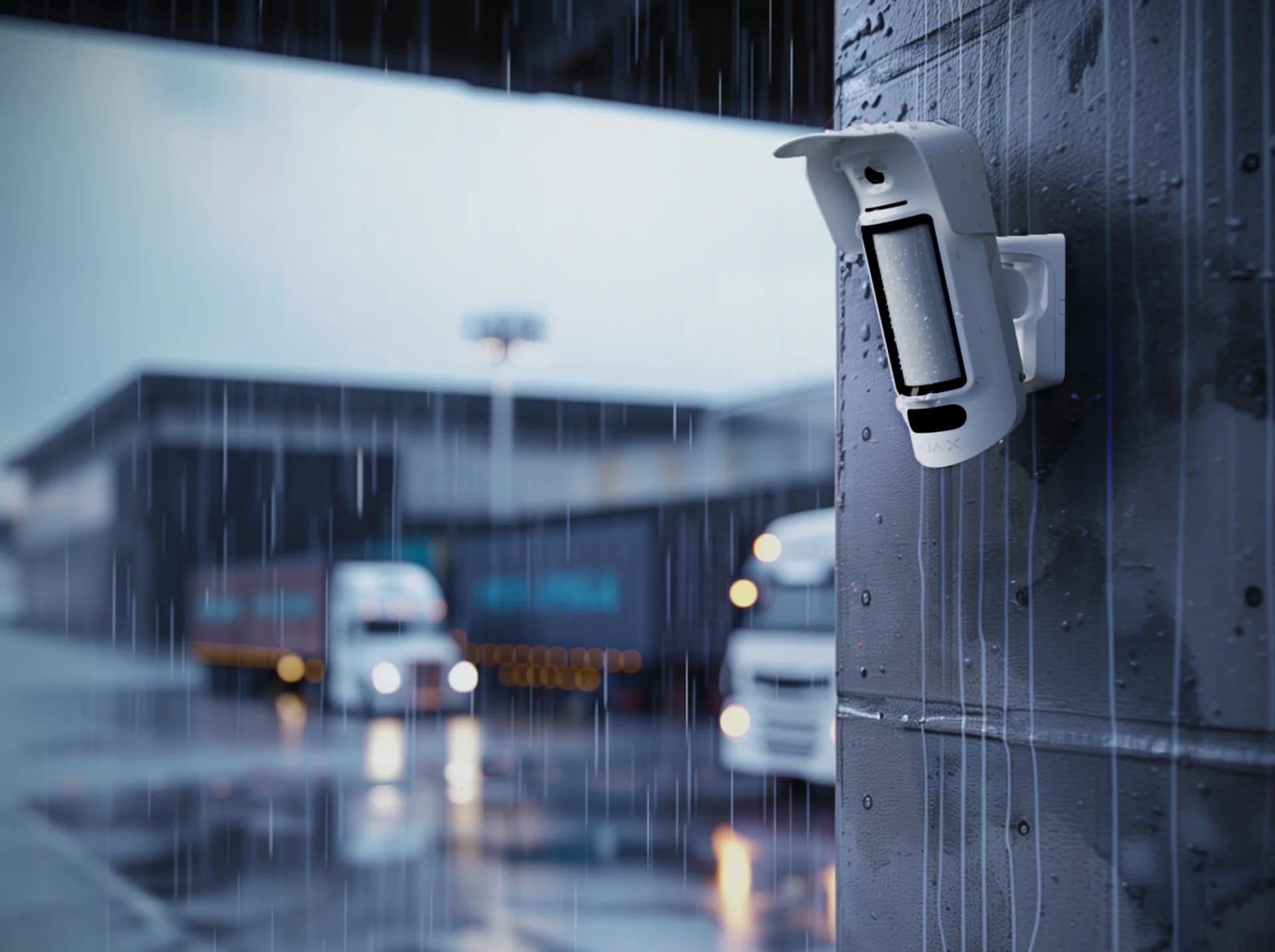 A white Ajax MotionCam outdoor motion camera mounted on a wet concrete wall overlooking a rainy commercial truck yard