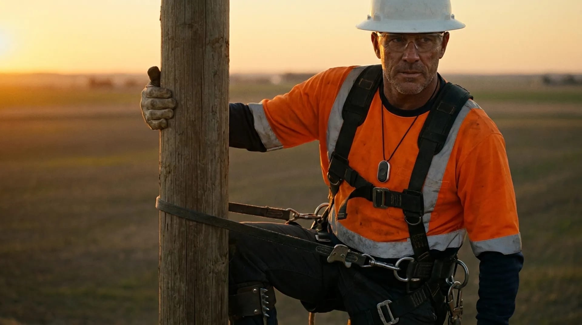 A utility lineman in a hard hat, safety glasses, and harness working alone on a wooden pole at sunset, wearing a lone-worker medical alert pendant