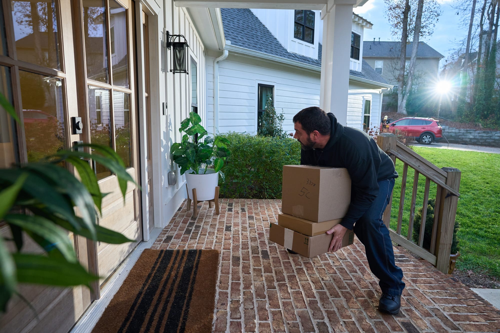 A would-be porch thief caught on a Security ONE video doorbell at a home's front door