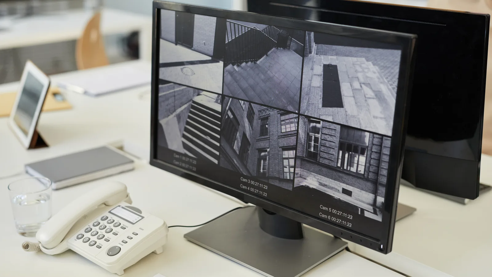 An office desk monitor displaying a six-camera CCTV grid of live exterior surveillance feeds, beside a desk phone and tablet