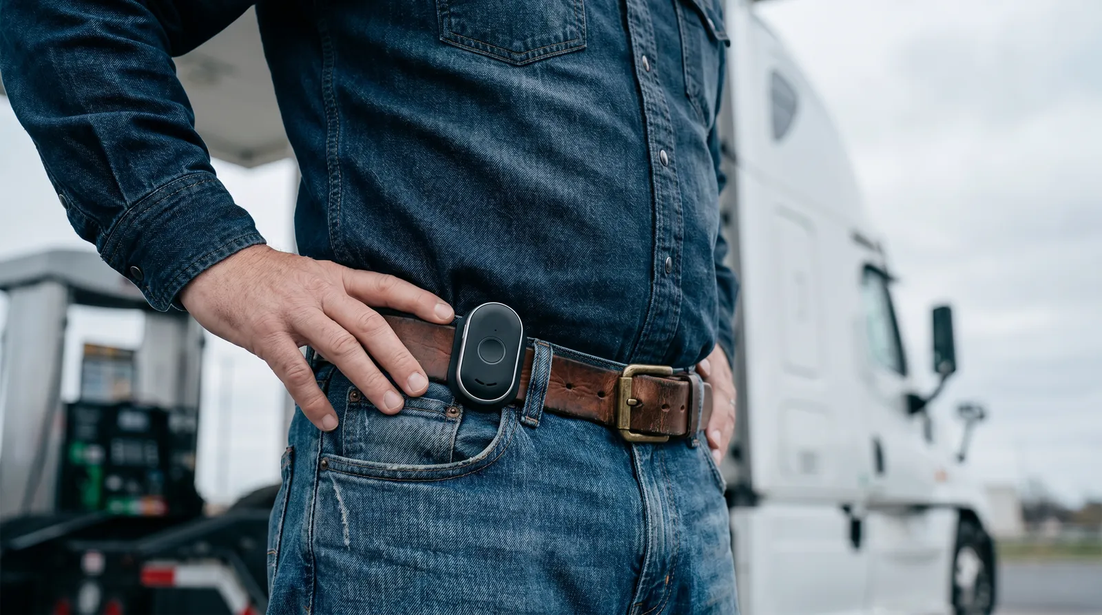 A Numera mobile alert device clipped to a worker's belt beside a transport truck, keeping him protected on the go