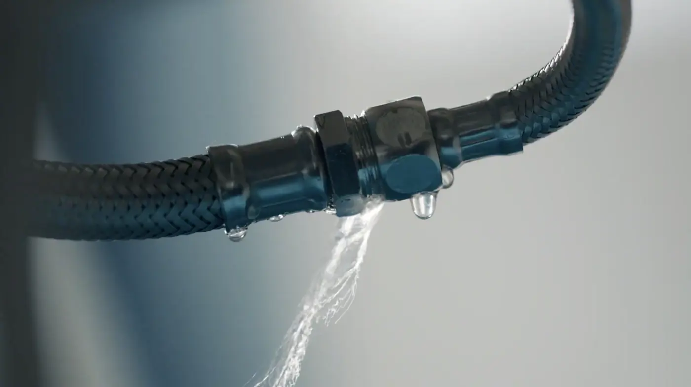 Water spraying from a failed braided supply-line connection, the kind of leak a monitored flood sensor catches early