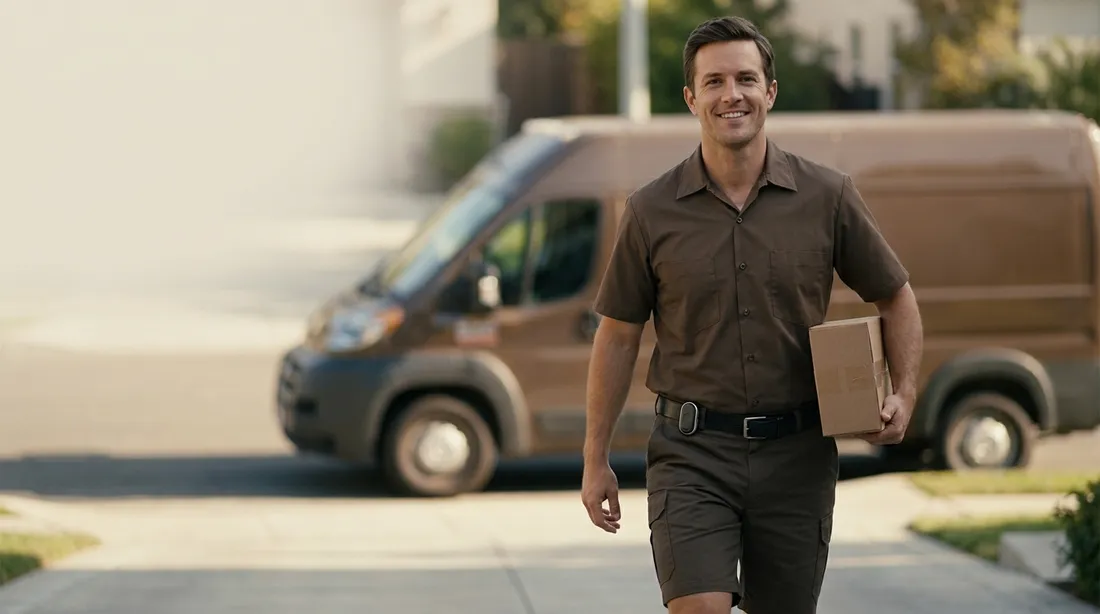 A delivery driver carrying a package walks alone from his parked van on a residential street, the kind of lone worker protected by a mobile medical alert device